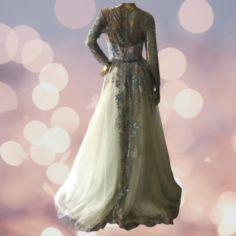 NWT Size 4 Rina diMontella Aqua & Multi Embroidered Botanical Gown - Picture 10 of 14